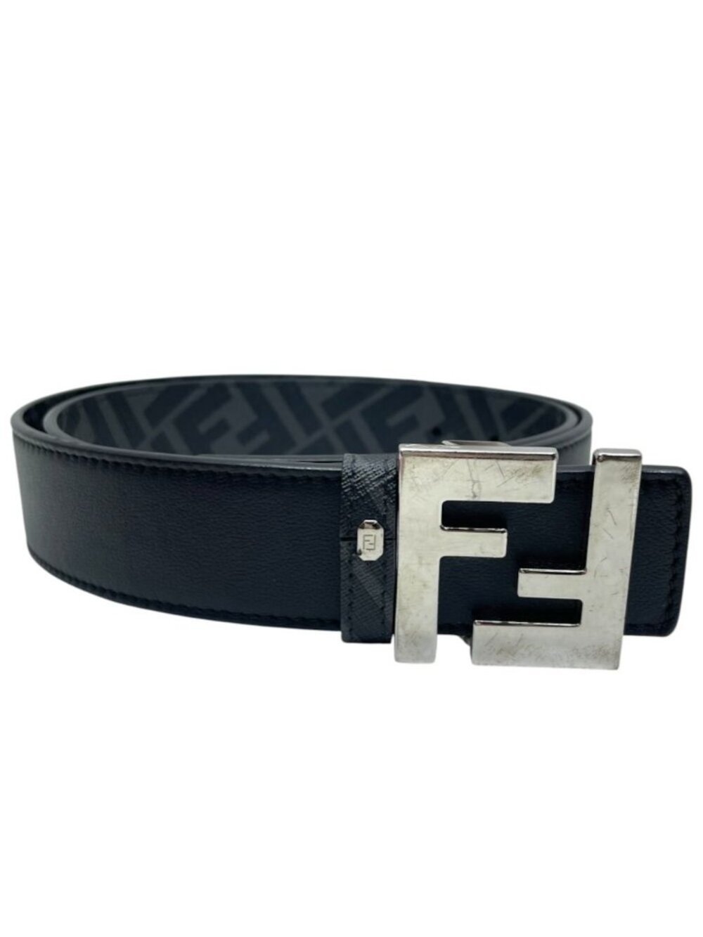 Fendi Belt FF Buckle Reversible Leather Metal Black Silver Gray Business